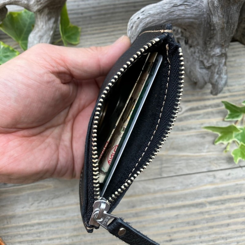 広島ジビエレザー　東広島産天然鹿革　本革ファスナー小銭入れ お札もカードも入るコインケース　【01ブラック】