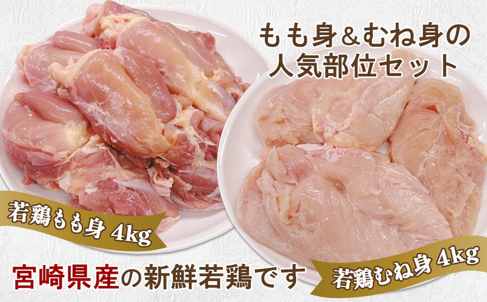 宮崎県産若鶏もも身&むね身 8kgセット (1kg×各4袋) 