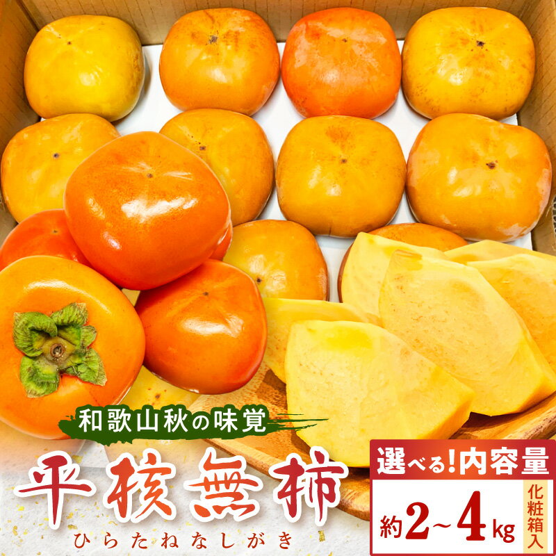 【ふるさと納税】柿 種なし 秀品 選べる 容量 約 2kg 4kg 化粧箱入 和歌山秋の味覚 平核無柿 お子様 ご年配の方 食べやすい 人気の高い品種 高糖度 甘み 柔らかな果実 上品な甘さ 果物 フルーツ おやつ 旬 お取り寄せフルーツ 和歌山県 湯浅町 送料無料