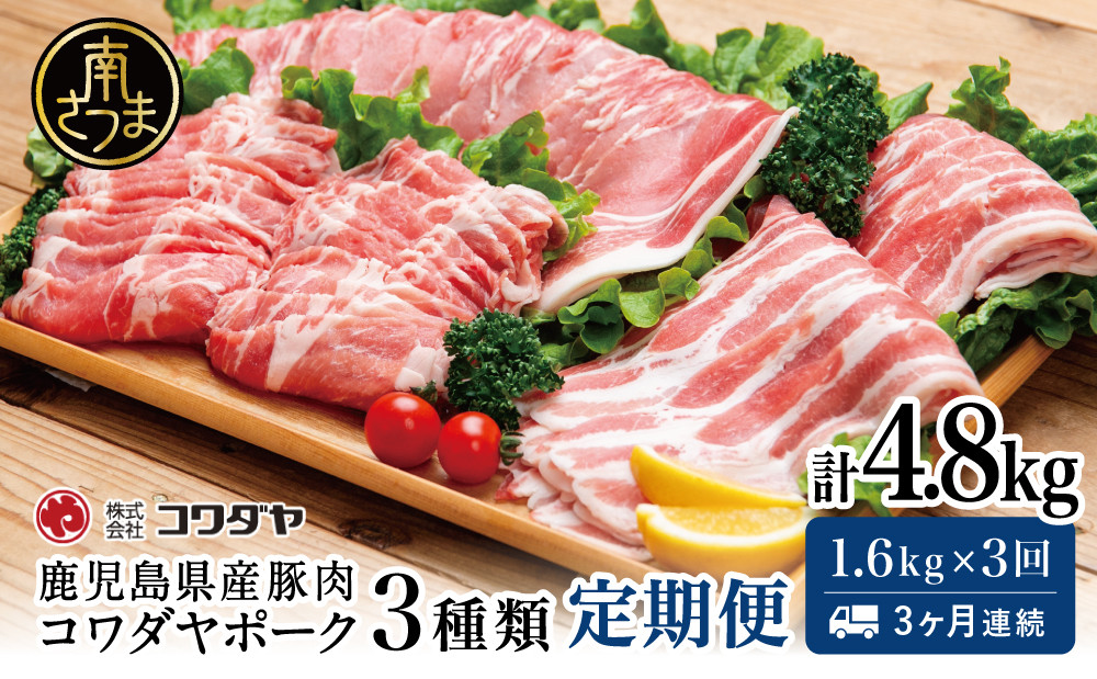 
                  【定期便：3ヶ月連続】鹿児島産 豚肉3種類セット 1.6kg×3回（合計4.8kg） 国産 鹿児島県産 豚肉 かごしま しゃぶしゃぶ 鍋 バラ ロース 鹿児島県 南さつま市 株式会社コワダヤ
                