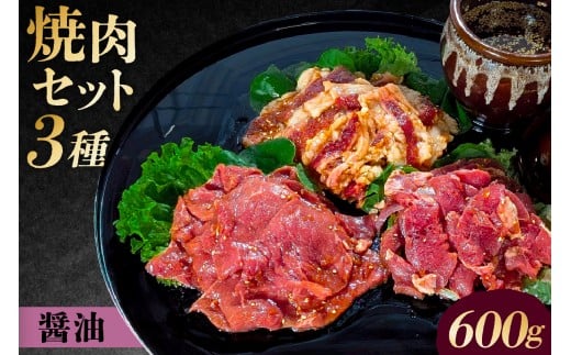 焼肉セット 3種 （醤油）【 味付け 醤油 簡単 600g BBQ バーベキュー 牛モモ 牛カルビ 牛ウデ 小分け 冷凍保存 】