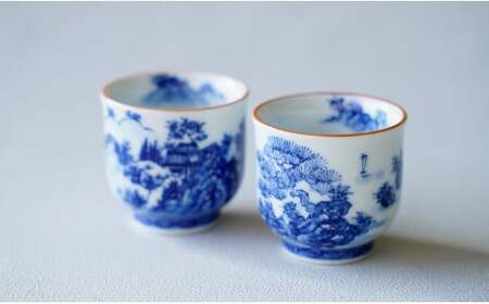 有田焼 手描き 山水絵 ぐい呑み 絵変り 2個セット【起山窯】食器 器 うつわ 酒器 ぐい呑み おちょこ セット ペア 電子レンジ対応 co012