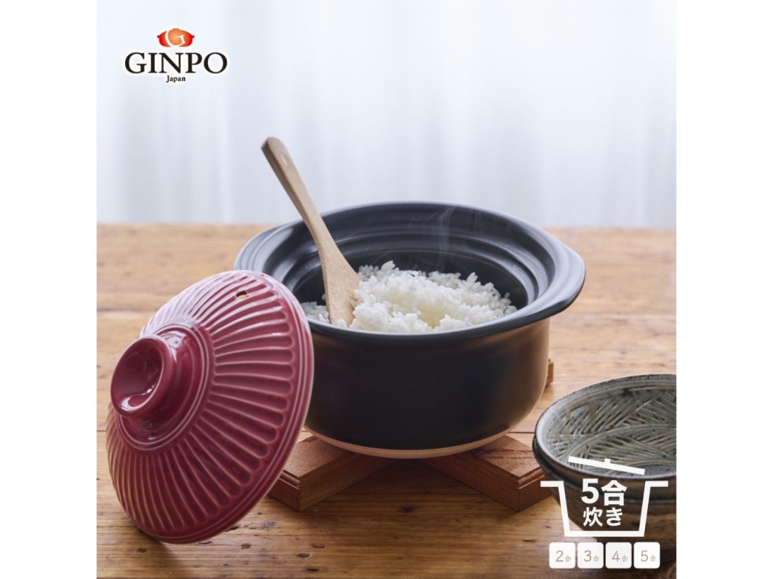 【萬古焼（ばんこやき）】土鍋ごはん5合 【紅梅】ご飯 炊飯 五合(5合) 家族 子供 料理 贈り物【直火専用・レンジ温めOK】(5合 2.6L 計量 カップ不要 火加減簡単) 菊花 銀峯 GINPO