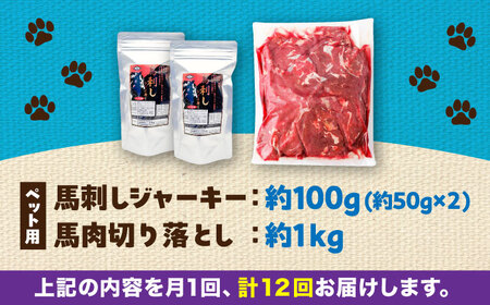 【全12回定期便】詰め合わせ 国内加工 ペット用 馬肉 切り落とし 約1kg ペット用 馬刺しジャーキー 約100g(約50g×2) / ペットフード ドッグフード 愛犬 馬肉【五右衛門フーズ】[BH