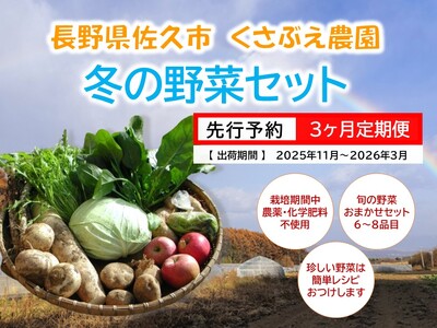 【3ヶ月定期便】くさぶえ農園『冬の野菜6～8品目セット』（2026年11月～2027年3月出荷／北海道・沖縄・離島は配送不可）高原 無農薬 産地直送 新鮮 旬彩 簡単レシピ 先行予約【 産直 高原野菜 旬の野菜 有機野菜 有機栽培 農薬 化学肥料 不使用 佐久市】