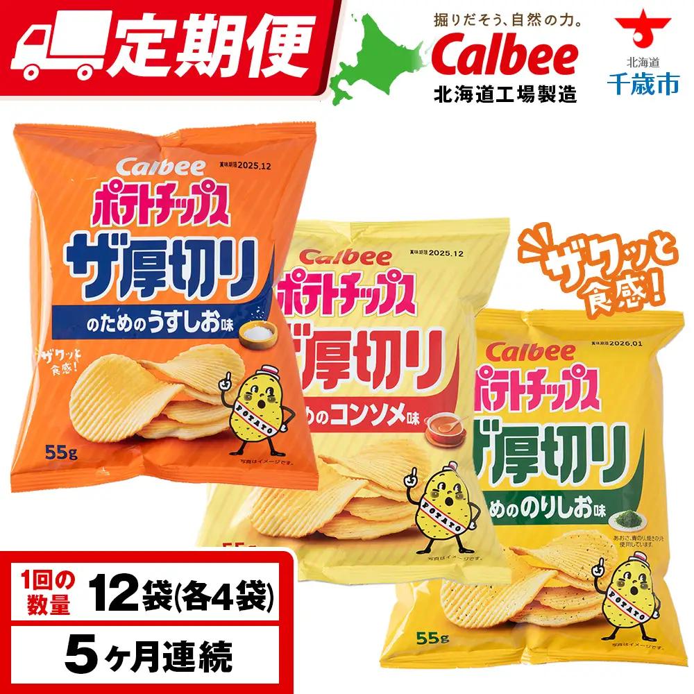 【定期便5カ月】ザ厚切りのための ３種セット うすしお・コンソメ・のりしお 各4袋 カルビー ポテトチップス 《千歳工場製造》