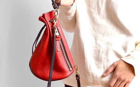 信州鹿革：巾着ショルダー DHB-100/ レッド｜ 巾着バッグ