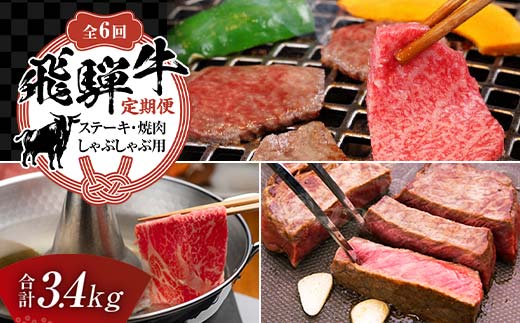 【定期便】飛騨牛 全6回 合計3.4kg ステーキ 焼肉 しゃぶしゃぶ 牛肉 黒毛和牛 5等級 肉 牛 ビーフ 食品 岐阜県 坂祝町 F6M-061