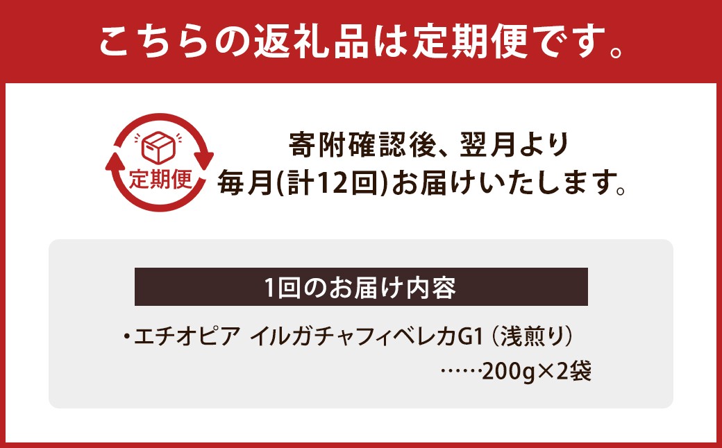 【12か月定期便】 エチオピア イルガチャフィベレカG1　ウォッシュド （浅煎り） 400g