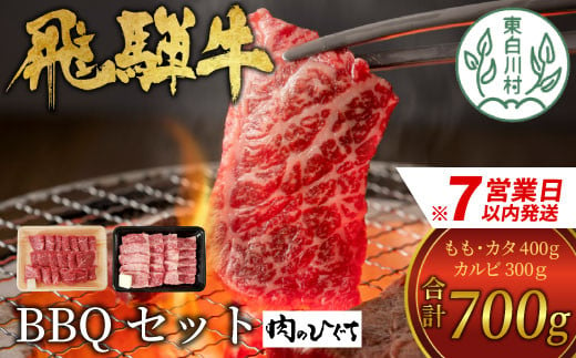 【スピード発送】 飛騨牛 BBQセット (カルビ300g＋もも・カタ焼肉用400g) 計700g A5 A4 国産 牛 冷凍 和牛 牛肉 カルビ もも モモ カタ 肩 かた 豪華 ギフト 贈答 にく お肉 肉 東白川村 岐阜 飛騨 贅沢 霜降り 赤身 肉のひぐち 20000円 二万円 すぐ届く 即納 最短発送 最速発送