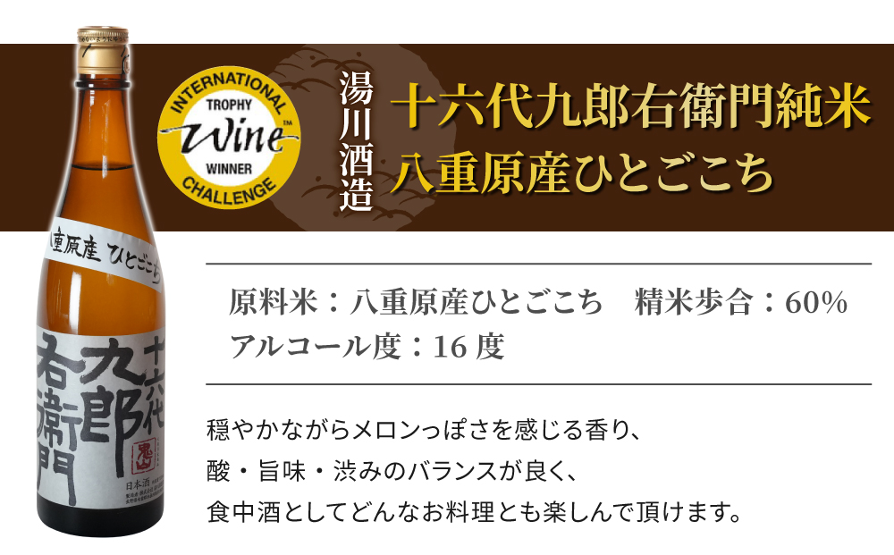 【IWC2024 トロフィー受賞】湯川酒造店 十六代九郎右衛門 ひとごこち純米