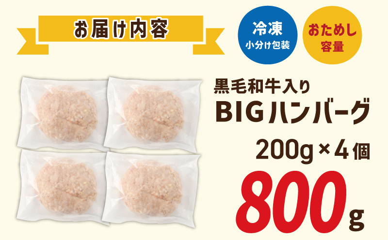 【特別規格】黒毛和牛入り BIGハンバーグ 200g×4個 お試し G1732