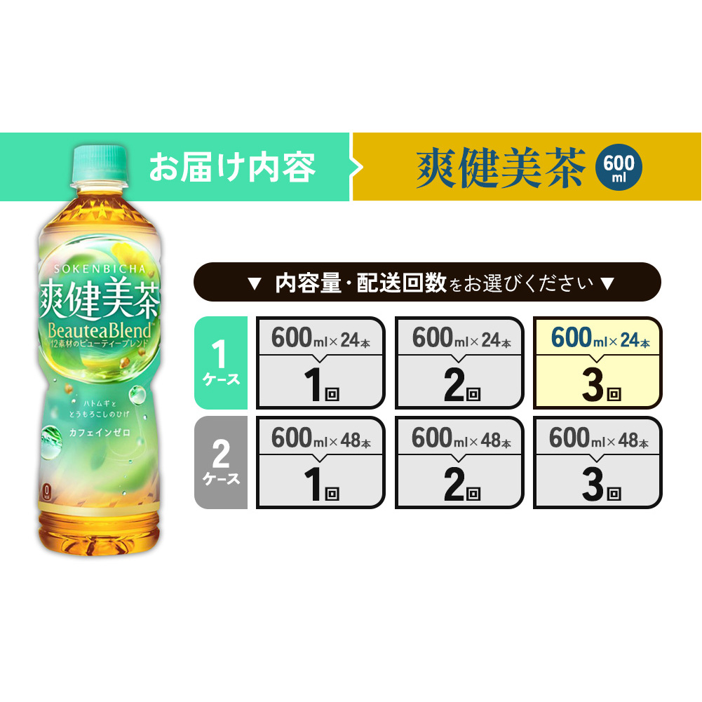 （3回定期便）爽健美茶 600ml PET【コカ・コーラ】ペットボトル 1ケース(24本) 定期便 3回(72本) セット お茶 カフェインゼロ ノンカフェイン ハトムギ ブレンド茶 宮崎県 えびの市