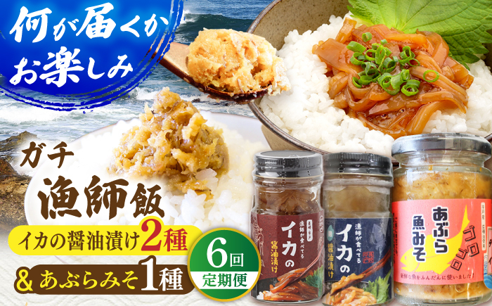 
            【6回定期便】【何が届くかお楽しみ！】イカの醤油漬け2種＆あぶらみそ1種 ランダムで３瓶お届け！平戸市/康貴丸水産 [KAB310]
          