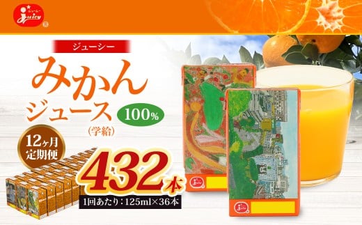 【12回定期便】 ジューシー みかんジュース 100％ （学給） 125ml×36本 みかん ミカン 蜜柑 ジュース オレンジジュース 飲料 紙パック 国産 熊本県