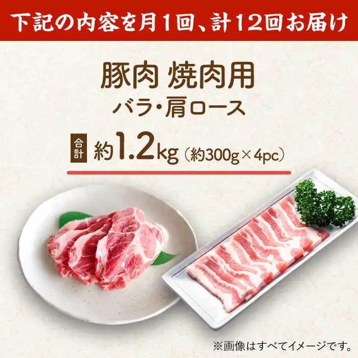 【12回定期便】豚肉 焼肉用（バラ・肩ロース）約1.2kg（約300g×4pc）【吉里精肉】[ZEW098]