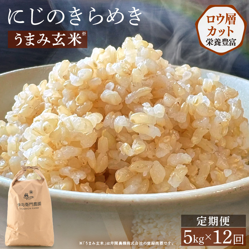 【先行予約】【令和8年産】定期便 ≪12ヶ月連続お届け≫ にじのきらめき うまみ玄米 5kg×12回 ／ 鮮度抜群 キロ 福井県あわら産 玄米 お米 ※2026年10月上旬より順次発送 [aw071-