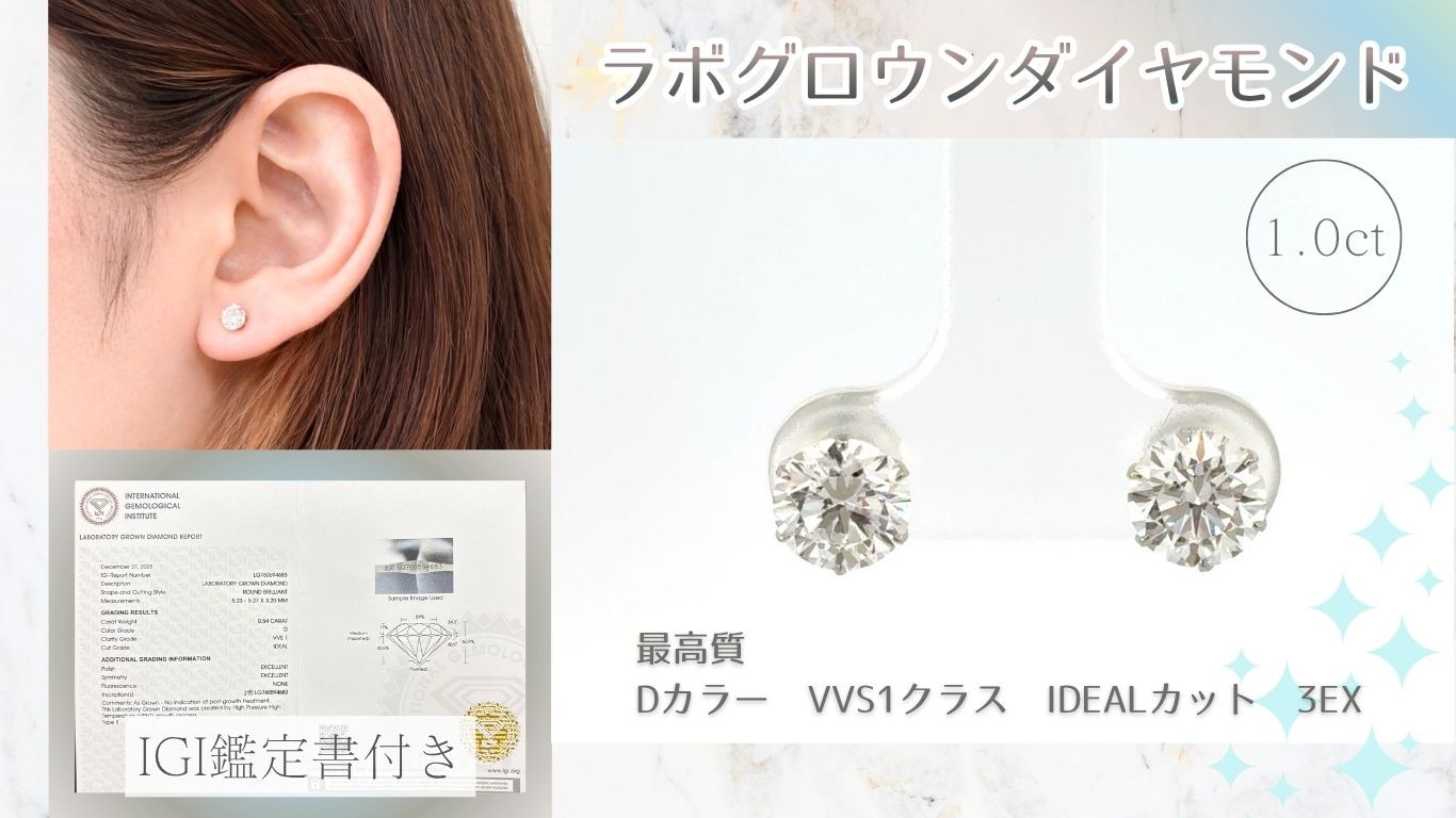 
                  プラチナ ラボグロウンダイヤ (1.0ct) ピアス 鑑定書付き | ダイヤ 宝石 ジュエリー アクセサリー 記念日 結婚 結婚式 冠婚葬祭 ギフト 贈答  母の日 かわいい きれいめ シンプル 愛媛県 松山市
                