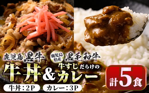 
                  A91028 鹿児島黒牛牛丼＆牛すじだらけのカレーセット(130g×5パック・牛丼2P、カレー3P)鹿児島 国産 牛肉 黒毛和牛 黒牛 牛すじ レトルトカレー ご当地カレー 牛丼 丼 電子レンジ調理 パック 冷凍 セット おかず ギフト 贈答【新村畜産】
                