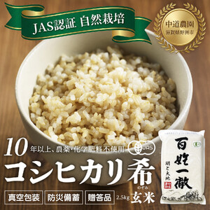 【令和7年産新米】中道農園 自然栽培 コシヒカリ 希 玄米 2.5kg 肥料不使用、自然の力だけで栽培！農薬・化学肥料不使用｜JAS認証 オーガニック｜真空包装 防災備蓄対応｜ふるさと納税 滋賀県野洲