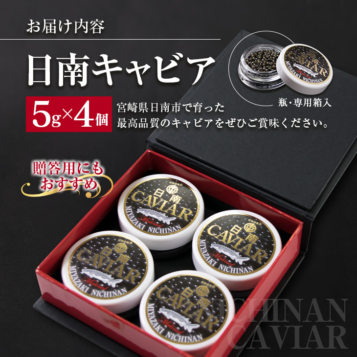 FD3-23_日南CAVIAR キャビア 5g 4個 計20g 魚卵 魚介 国産 食品 加工品 高級食材 贅沢 三大珍味 黒いダイヤ おつまみ ご褒美 記念日 お祝い パーティー オードブル 個包装_