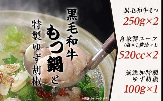 
黒毛和牛もつ鍋500gと特製ゆず胡椒セット【 国産 スープ 脂 おかず 冷凍 人気 お取り寄せ モツ鍋 柚子 茨城県下妻市 】
