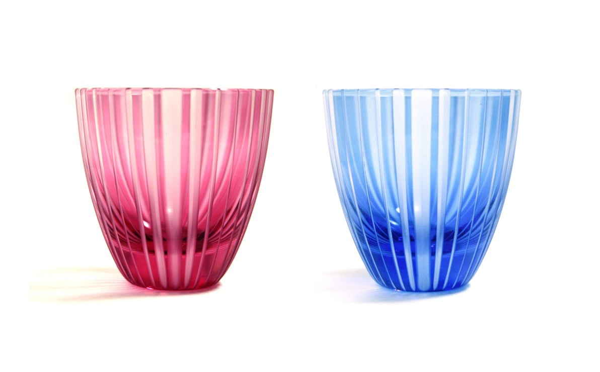 
                  浅草切子 KANA KURITA「ぐい呑 滝縞 青藍/金赤＜艶消し＞」ペアセット 木箱入り| 切子 花切子 切子ガラス ガラス工芸 グラス ガラス コップ 手作り ぐい呑み 家飲み 酒器 ハンドメイド 手作り ギフト 贈答 プレゼント
                