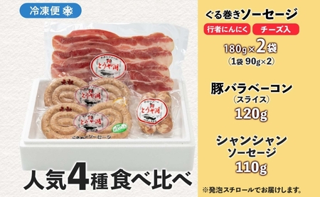 食べ比べセット ソーセージ ベーコン ハム 北海道産 食べ比べセット【4種】