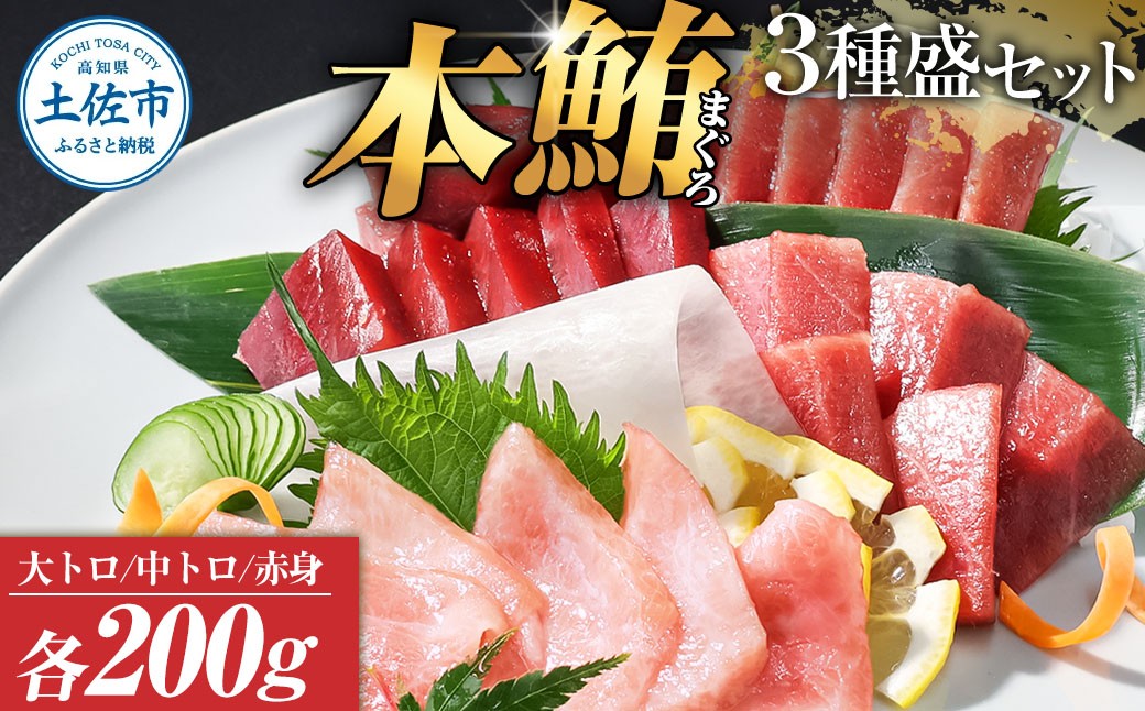 
            本マグロ 本鮪 大トロ・中トロ・赤身 各200g まぐろ3種盛セット マグロ まぐろ 本まぐろ 刺身 刺し身 魚 海鮮 冷凍 美味しい おいしい 食べ比べ セット 詰め合わせ 故郷納税 ふるさとのうぜい 返礼品 高知県 高知
          