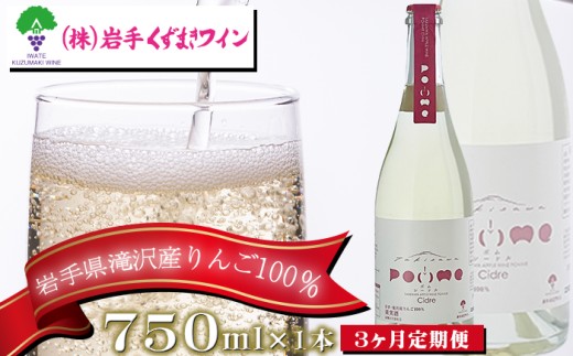 滝沢りんごワイン ポムシードル 750ml 3ヶ月定期便 【岩手くずまきワイン】 ワイン 酒 シードル スパークリングワイン 定期便  お酒 林檎 リンゴ りんご アップル 贈り物 プレゼント ギフト プチギフト バレンタインデー ホワイトデー クリスマス 人気 オススメ おすすめ