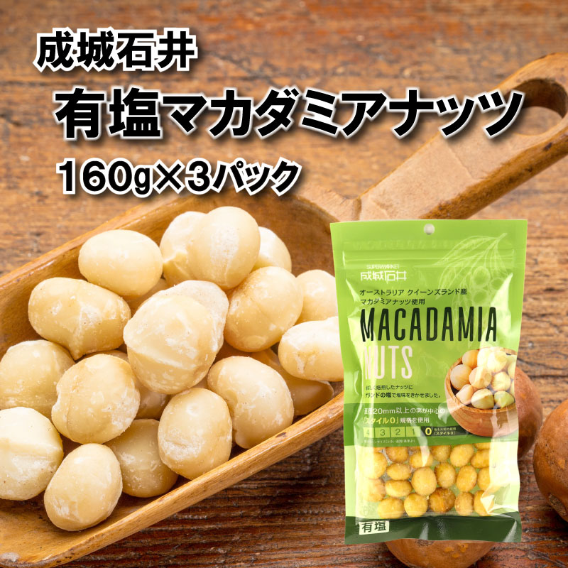 【ふるさと納税】 有塩 マカダミアナッツ 160g × 3袋 ナッツ 小分け チャック付き おつまみ お菓子 おやつ 焙煎 大粒 厳選 防災 災害 非常食 備蓄 美容 健康 ギフト プレゼント 成城石井 千葉県 旭市 株式会社成城石井酒販