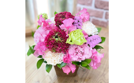 No.484 （ピンク系）Mサイズ 癒し生活！季節のおまかせフラワーアレンジメント