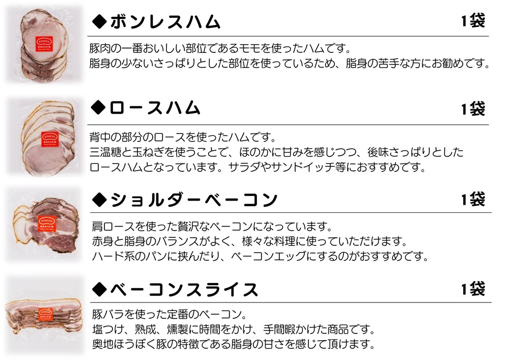 ＜【こだわりの無塩せき】奥地ほうぼく豚を使ったベーコン・ハム食べ比べセット 計4袋＞ぶた お肉 加工品 おつまみ おかず ボンレス ロース スライス 詰合せ BBQ 愛媛県 西予市