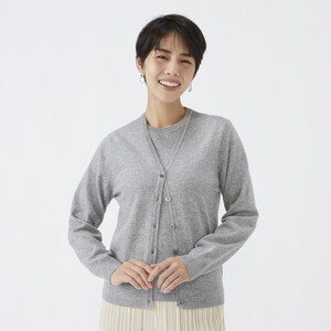 日本製 カシミヤ100% レディース Vカーディガン ライトグレー 2Lサイズ 90805