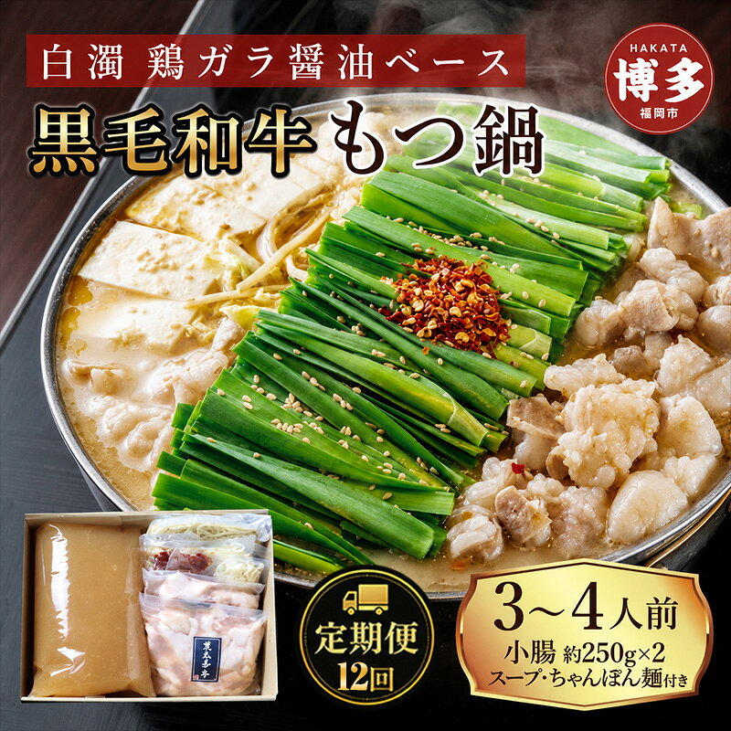 【ふるさと納税】定期便 12回 【福岡市】 黒毛和牛 もつ鍋 白濁 鶏ガラスープ醤油スープ 3～4人前セット