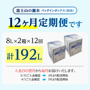【12か月お届け】富士山の麗水定期便 ８L×２箱　天然水 富士山 定期便 水 ミネラルウォーター 防災 備蓄 ストック 保存 防災グッズ 山梨 富士吉田