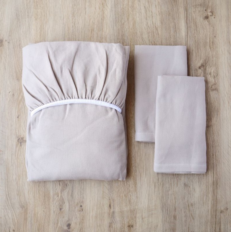 【tissu de coton/ハニカム織】泉州南部織 「ボックス」ダブルシーツ＆ピロー2枚（BE） G1959