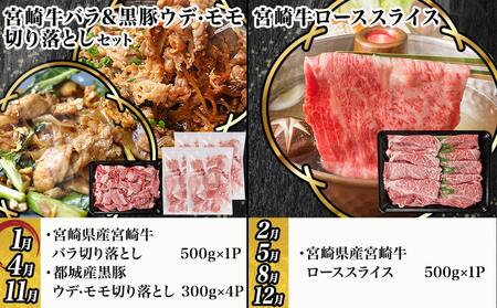 使える!まるゆうの牛&豚定期便(12ヶ月)_T200-12-N401_(都城市) 国産 宮崎牛 黒毛和牛 ローススライス サーロインステーキ 切り落とし 霜降り 黒豚 みそ漬け 定期便 