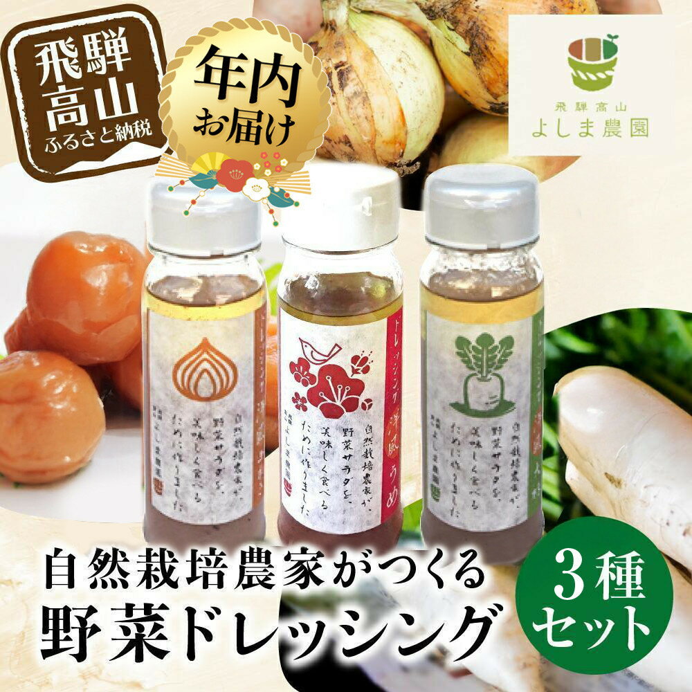 【ふるさと納税】【年内配送が選べる】自然栽培農家のドレッシング3種 | 発送時期が選べる 年内発送 自家栽培農家 ドレッシング サラダ 自家栽培 洋風ドレッシング 玉ねぎドレッシング 大根おろしドレッシング 梅ドレッシング 飛騨高山 よしま農園 CK015VP