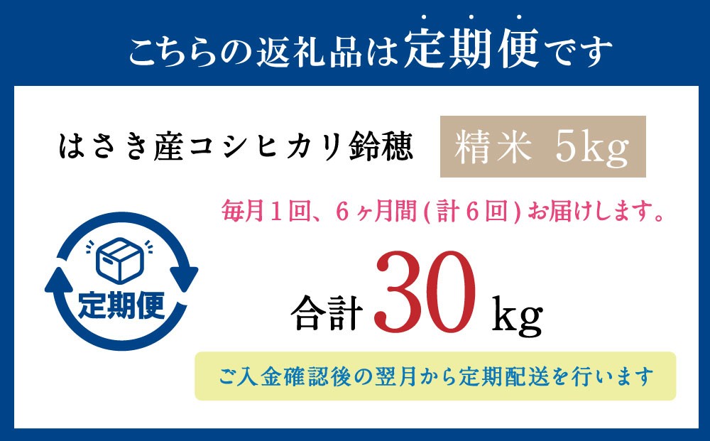 AT-20 【6ヶ月定期便】オリジナル ブランド米！ はさき産 コシヒカリ　鈴穂（ 精米 ）5kg×6回 合計30kg 