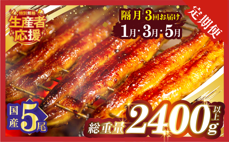 先行予約≪隔月定期便全3回≫1月・3月・5月お届け!!うなぎ蒲焼5尾(総重量2400g以上)  _T026-0058【鰻 魚 魚介 加工品 国産 人気 ギフト 食品 おかず 惣菜 高級 お土産 贈り物 送料無料 プレゼント】