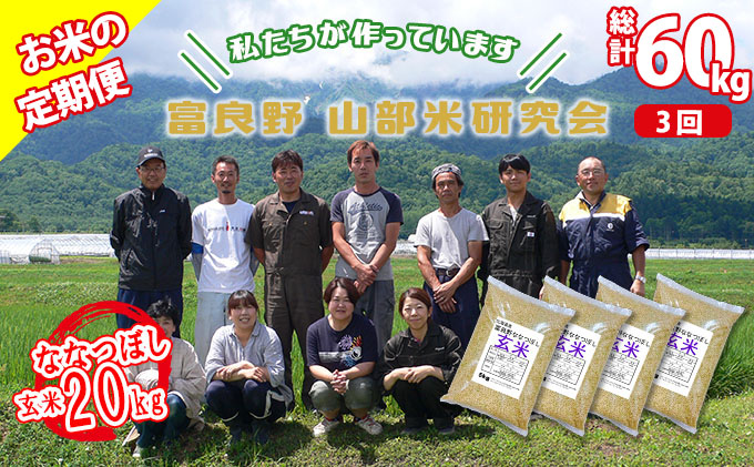 【令和6年度産】◆3ヵ月定期便◆ 富良野 山部米研究会【 ななつぼし 】玄米 5kg×4袋（20kg）お米 米 ご飯 ごはん 白米 定期 送料無料 北海道 富良野市 道産 直送 ふらの