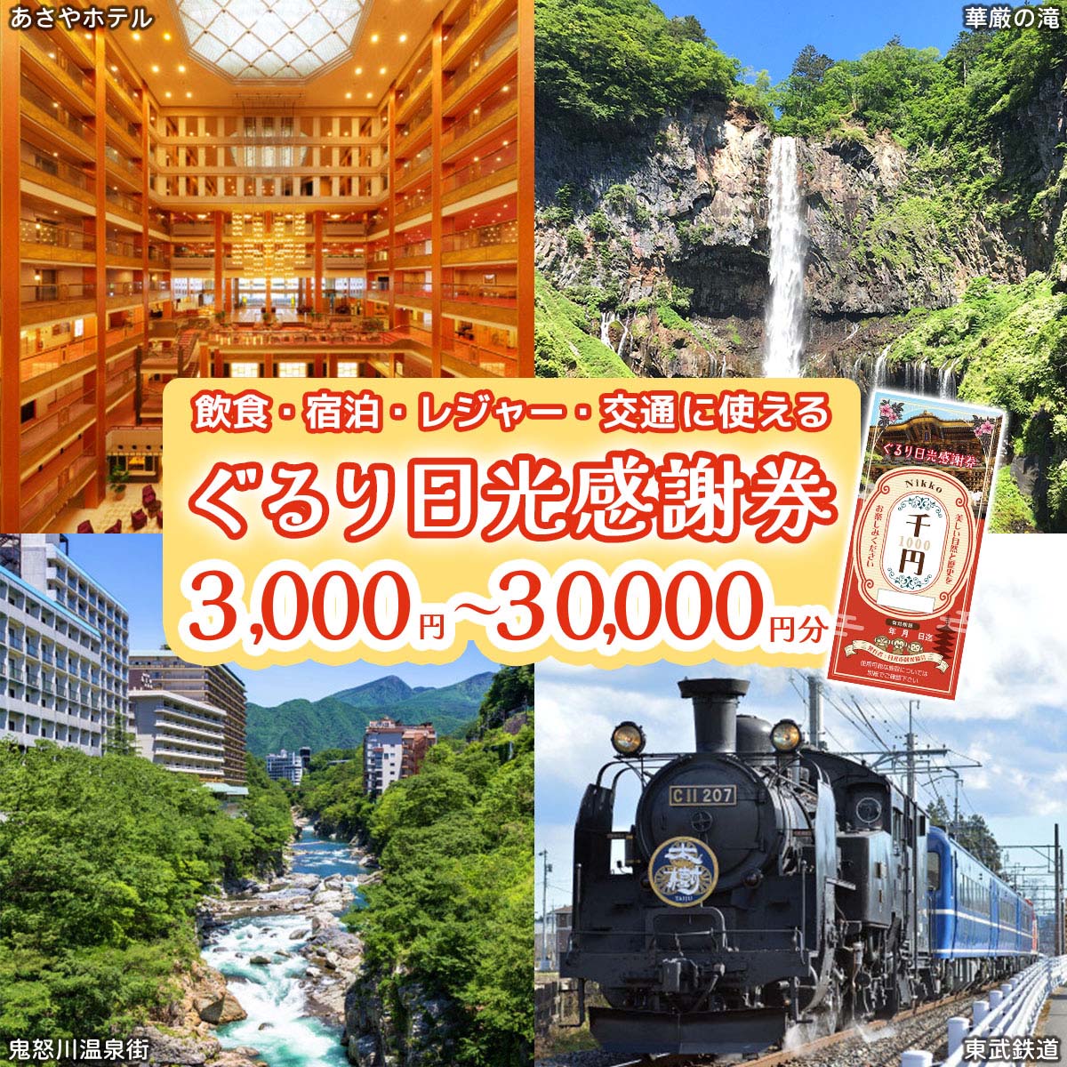 【ふるさと納税】ぐるり日光感謝券【商品券 (選べる金額：3千円分／9千円分／1万5千円分／3万円分)】｜旅行券 クーポン券 お食事券 旅行 観光 温泉 旅館 ホテル カフェ レジャー施設 地域商品券 チケット 日光市 [0206-0207][0292-0293]