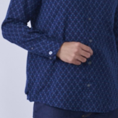 福岡県筑後市産織物グノマ柄紳士シャツ  紺  LLサイズ