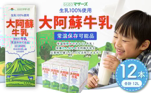 大阿蘇牛乳 1L×12本 合計12L らくのうマザーズ  常温保存 成分無調整牛乳 生乳100%使用 乳飲料 乳性飲料 ロングライフ 長期保存 送料無料