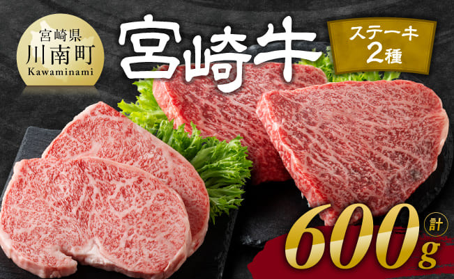 【令和7年11月発送】宮崎牛 ステーキ 2種 600g【肉 牛肉 国産 宮崎県産 宮崎牛 黒毛和牛 和牛 ステーキ BBQ 4等級  A4ランク ロース モモ  E11118】
