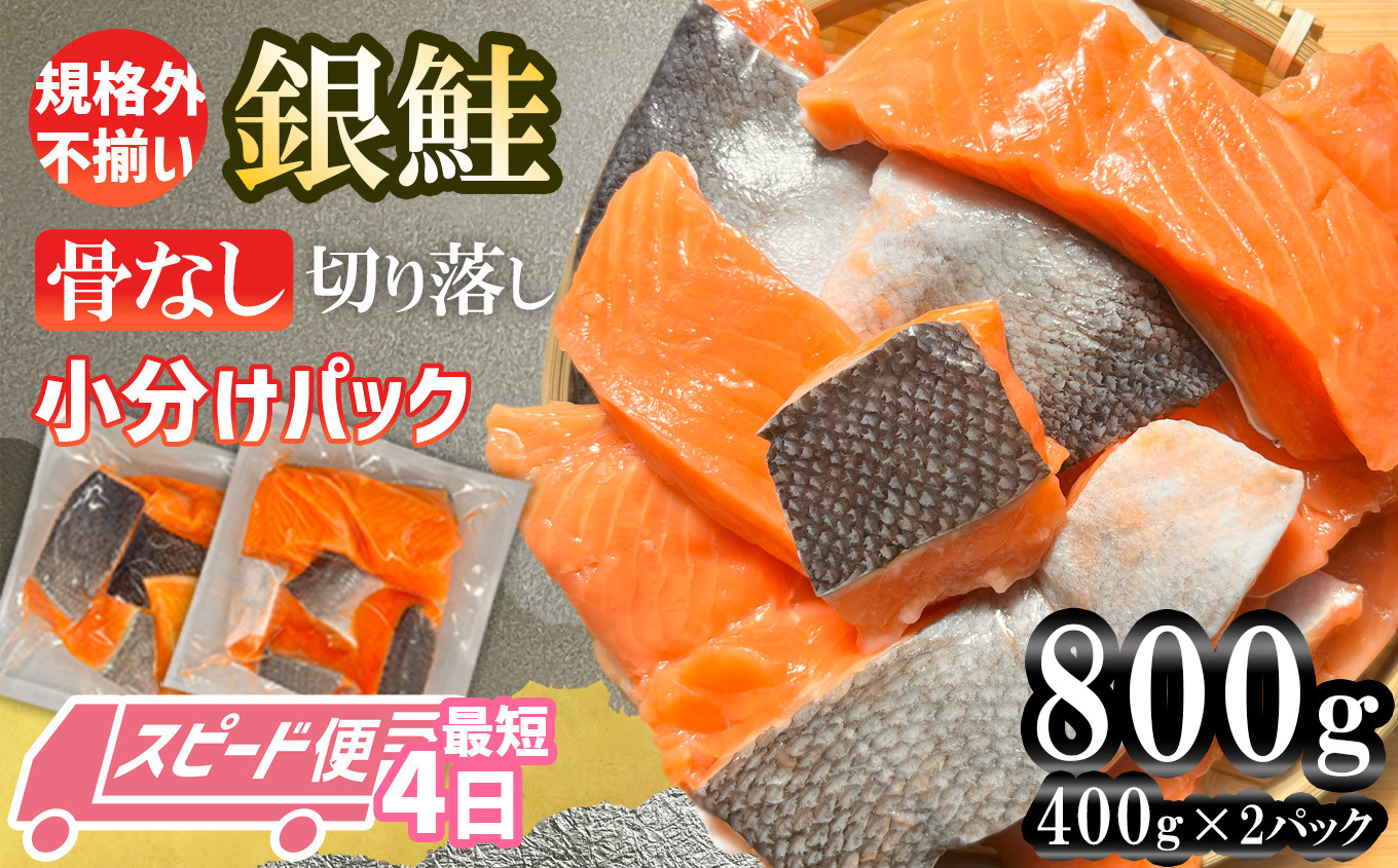 
            【スピード発送】 訳あり 鮭 無添加 銀鮭 骨なし 800g 切り落とし 小分け (400gｘ2パック) 鮭 銀鮭 訳あり 規格外 不揃い サーモン 骨取り 切り落とし 塩竈市 塩釜 安心無添加 三晃食品
          