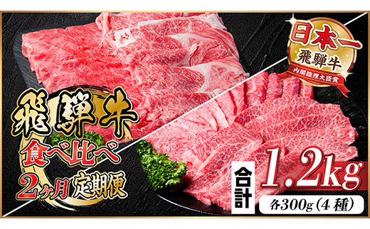 レビューキャンペーン実施中!飛騨牛霜降り・赤身食べ比べセット　2ヶ月定期便　計1.2kg　A4～A5【配送不可地域：離島】