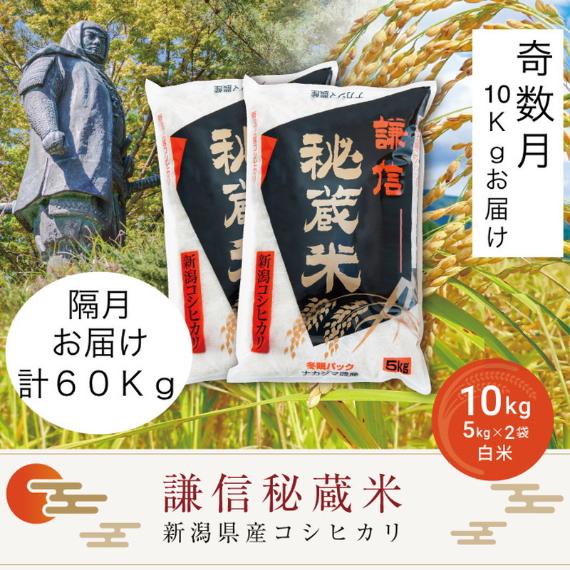 令和7年産 定期便奇数月発送（10kg×6回分）10kg 米 新潟県産 コシヒカリ  精白米 謙信秘蔵米  お米  こめ コメ