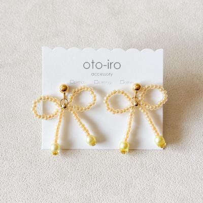 ふるさと納税 長岡京市 きゅっと結んだビーズリボンのピアス【ribbon/パステルイエロー】